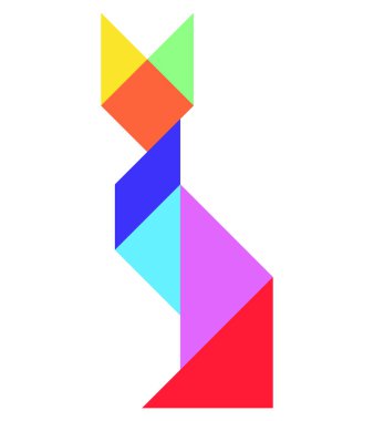 Beyaz arkaplanda kedi şeklinde renk tangramı yapbozu