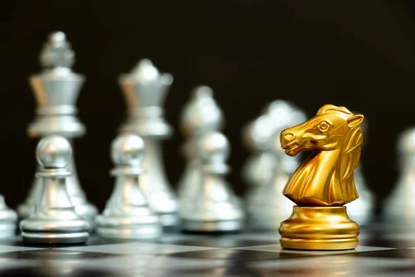Gold Knight Chess Game Face Another Silver Team Black Background — Stock Photo, Image
