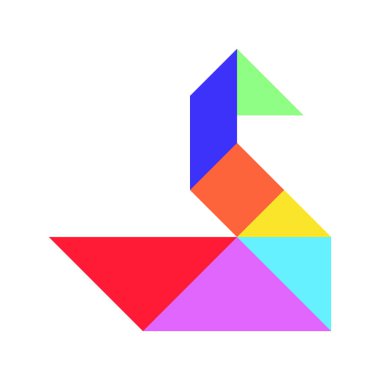 Beyaz arkaplanda renk tangramı bulmacası (ördek, kaz, kuğu) şekli