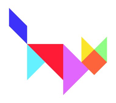 Beyaz arkaplanda kedi şeklinde renk tangramı yapbozu