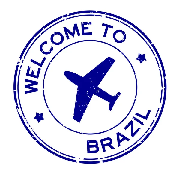 Grunge Blue Welcome Brazil Word Airplane Icon Rubber Seal Stamp — Vector de stock