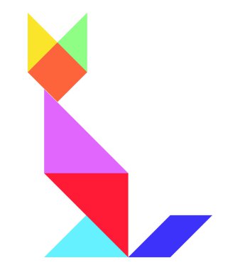 Beyaz arkaplanda kedi şeklinde renk tangramı yapbozu