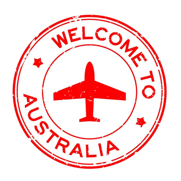 Grunge Red Welcome Australia Word Airplane Icon Rubber Seal Stamp — Διανυσματικό Αρχείο