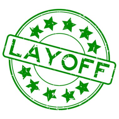 Beyaz arkaplanda yıldız simgesi yuvarlak lastik mühür damgalı Grunge yeşil işten çıkarma kelimesi