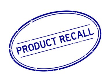 Grunge blue product recall word oval rubber seal stamp on white background