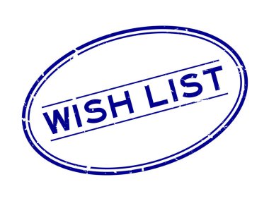 Grunge mavi dilek listesi kelime oval lastik mühür beyaz arka planda