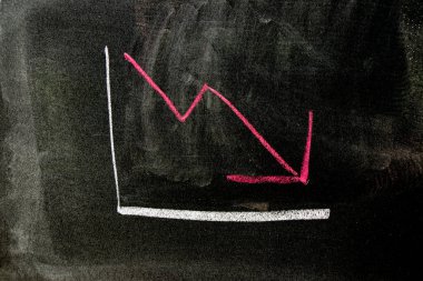 Tahta ya da karatahta zemin üzerinde ok şeklinde kırmızı tebeşirle çizim (Borsa düşüşü kavramı, iş eğilimi, ekonomi)