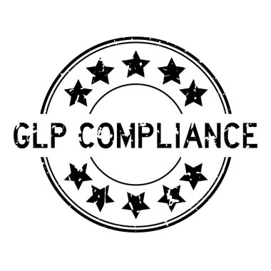 Grunge siyah GLP (İyi laboratuvar uygulamasının kısaltması) beyaz arkaplanda yıldız simgesi yuvarlak lastik mühür ile uyumlu kelime