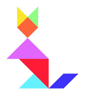 Beyaz arkaplanda kedi şeklinde renk tangramı yapbozu