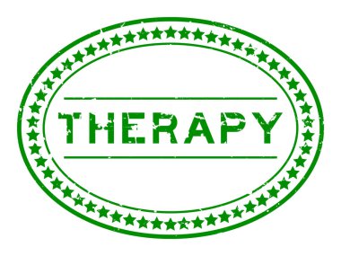 Grunge yeşil terapi sözcüğü oval lastik mühür beyaz arka planda