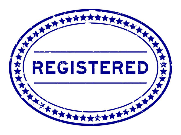Grunge blue registered word oval seal stamp on white background