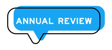 Konuşma pankartı ve mavi tonda beyaz arkaplan üzerine yıllık gözden geçirme