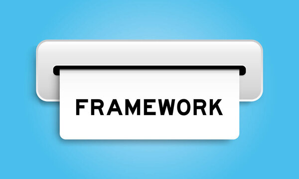 White coupon banner with word framework from machine on blue color background