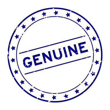 Grunge mavi gerçek kelime yuvarlak lastik mühür beyaz arka planda