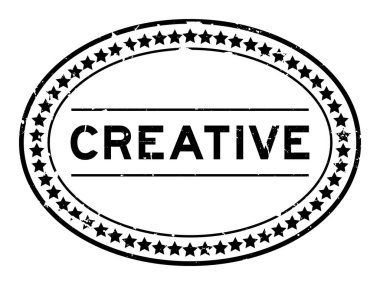 Grunge siyah yaratıcı kelime oval lastik mühür beyaz arka planda