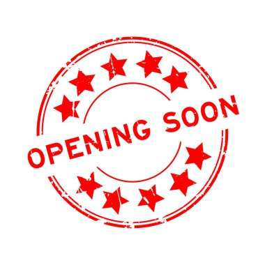 Grunge kırmızı açılış sözcüğü beyaz arka planda yıldız simgesi yuvarlak lastik mühür