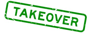 Grunge yeşil kelime devralma kare lastik mühür beyaz arka planda