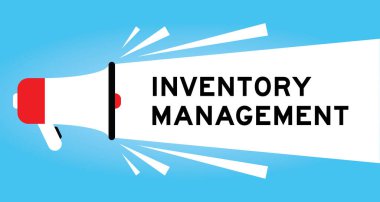 Mavi arkaplanda beyaz afişle kelime envanter yönetimi ile renk megafonu simgesi