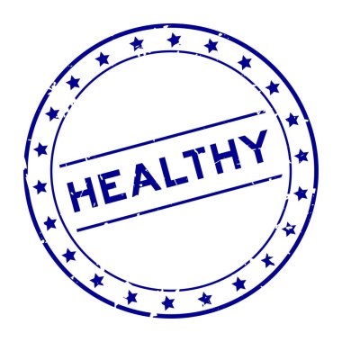 Grunge mavi sağlıklı kelime yuvarlak lastik mühür beyaz arka planda