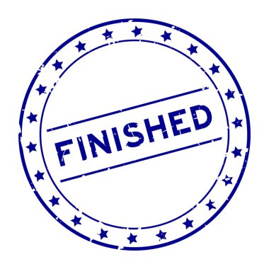 Grunge blue bitirilmiş kelime yuvarlak lastik mühür beyaz arka planda