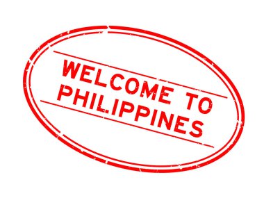 Grunge Red, Filipinler 'e hoş geldin. Beyaz arka planda oval kauçuk mühür damgası.