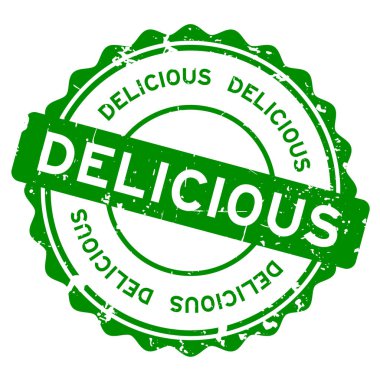 Grunge yeşil lezzetli kelime yuvarlak mühür beyaz arka planda