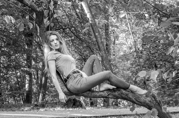 Молода красива сексуальна дівчина блондинка модель з довгим світлим волоссям в джинсах і піджак позує в лісі серед дерев і рослинності — стокове фото