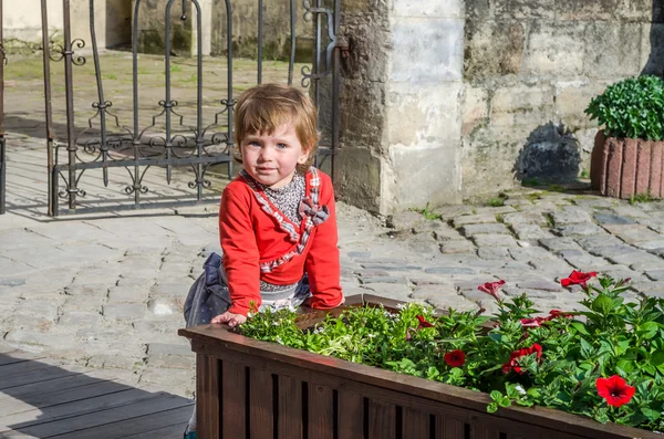 Jonge mooie meisje kind, kind spelen in de straat van de oude stad in de buurt van de bloemperken met rode bloemen, vrolijk en glimlachend van geluk — Stockfoto