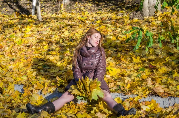 Красивая молодая девушка счастливая женщина улыбается и держит желтый клен листья прогулки в осеннем парке — стоковое фото