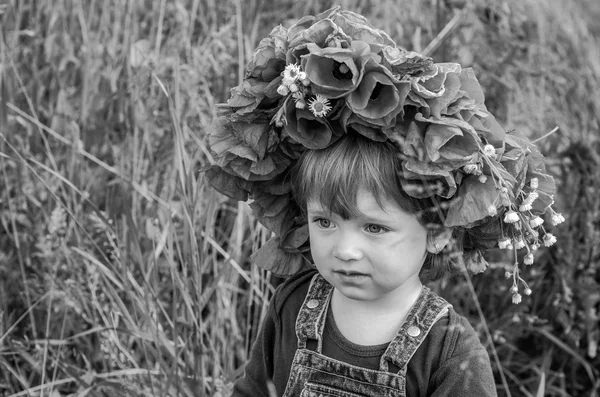 Piccola ragazza affascinante bambino in abito di jeans che cammina sul campo con papavero da indossare sul suo mazzo di testa, corona di papaveri rossi — Foto Stock