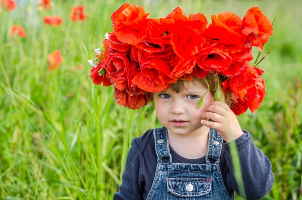 Liten flicka baby spela glad på vallmo med en krans, en bukett av färg A röd vallmo och vita prästkragar, bär en denim klänning blå, charmiga, glada barn med ett leende på hans ansikte — Stockfoto