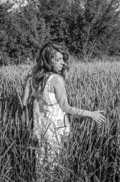 Jovem mulher encantadora andando ao ar livre em um campo perto dos arbustos verdes e árvores, mão batendo orelhas ptsenitsy, vestida com um belo vestido branco vestido — Fotografia de Stock