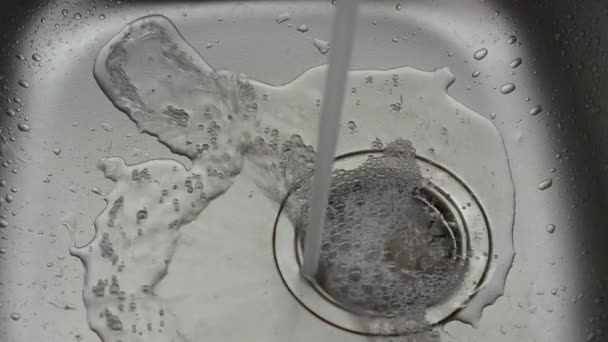 Tap Water Flows Sink Drain — Stock Video