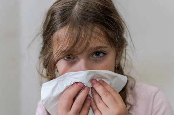 Little Girl Child Blows Snot Out Nose Paper Handkerchief Cold — Stock Photo, Image