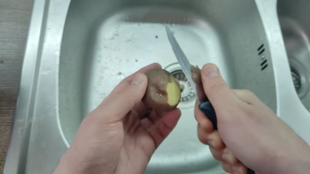 Chef Peels Potatoes Knife — Stock Video