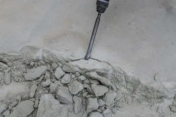 Builder Dismantles Perforator Drill Breaks Concrete Floor Construction Site — Stock Photo, Image