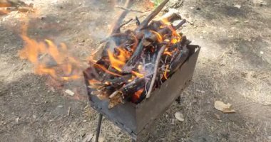 Ormandaki bir piknikte yakacak odun yanıyor.