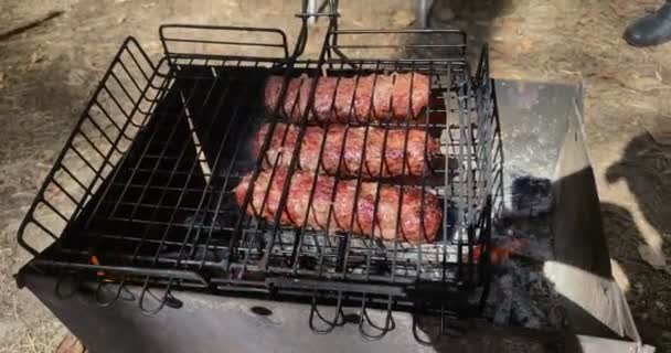 在森林里野餐时 在烤架上的篝火上烤着肉卢拉烤肉 — 图库视频影像