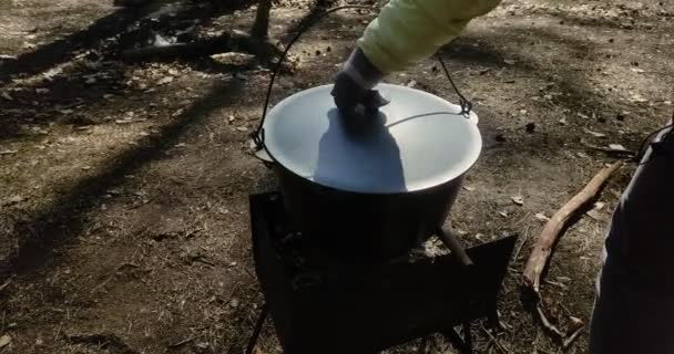 Saucepan Fish Soup Cooked Grill Open Fire Picnic — Stock Video