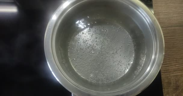 Νερό Βράζει Μια Κατσαρόλα Μια Επαγωγική Εστία — Αρχείο Βίντεο