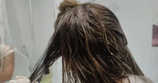 Joven Hermosa Mujer Misma Tiñe Pelo Con Pintura Pincel — Vídeos de Stock