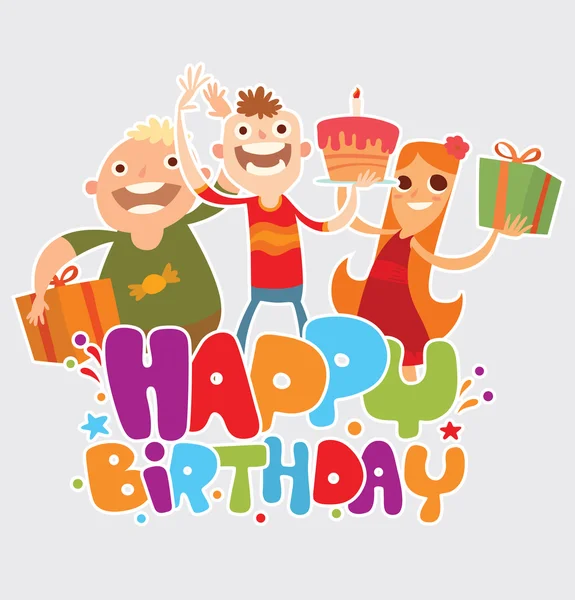 Tarjeta de cumpleaños feliz con tres amigos — Vector de stock