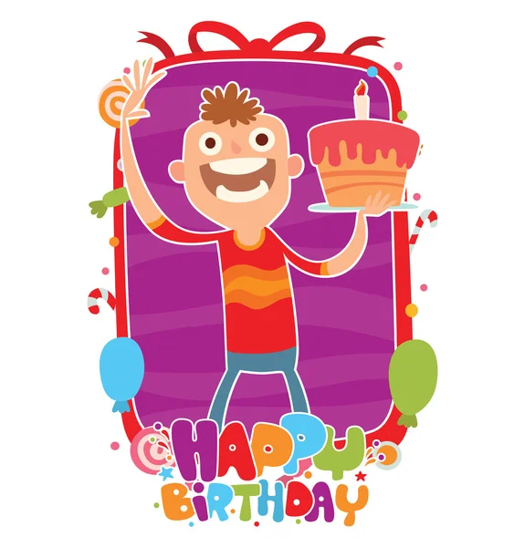 Festive card, boy with cake — Stock Vector