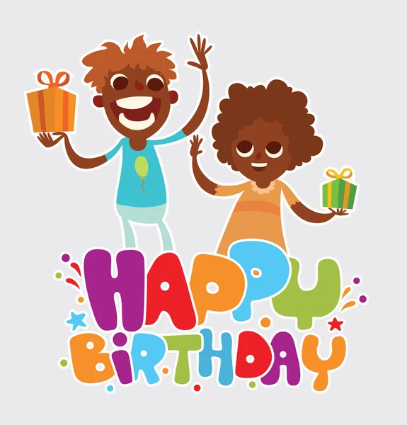 Tarjeta de cumpleaños feliz con chico negro y chica negra — Vector de stock