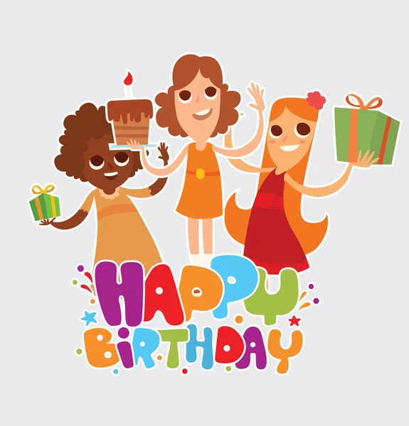 Feliz cumpleaños con tres amigos de chicas — Vector de stock