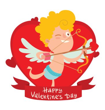 Sağa uçan sevimli küçük cupid ile Kırmızı çerçeve