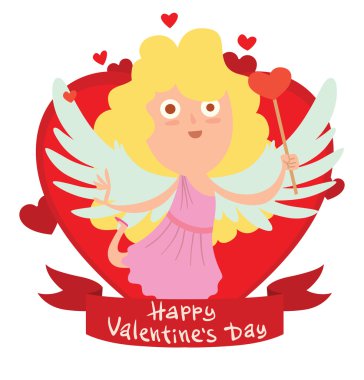 Sevimli küçük cupid kız ve sihirli değnek ile kırmızı çerçeve