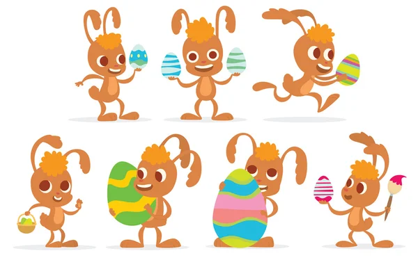 Conjunto de conejos de Pascua de color marrón claro con huevos de colores — Vector de stock
