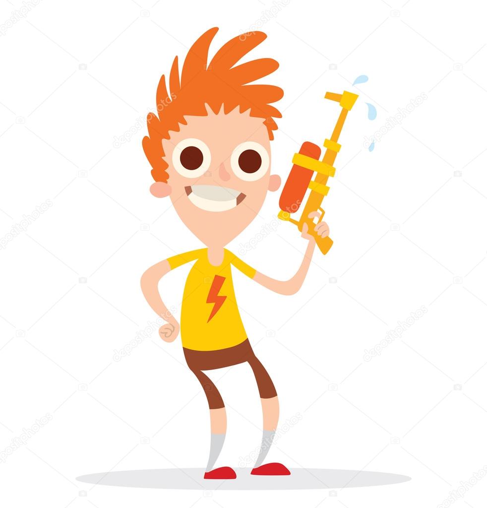 Funny Boy With An Orange Yellow Water Gun Stock Vector