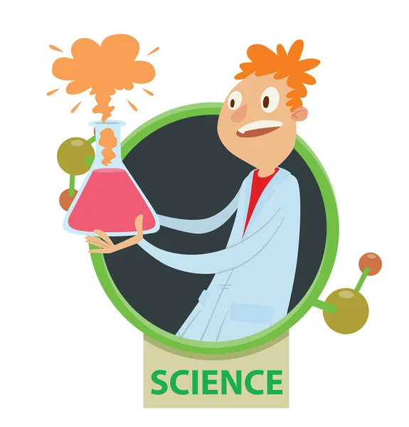 圆框，男子科学家与粉红色化学 — 图库矢量图片
